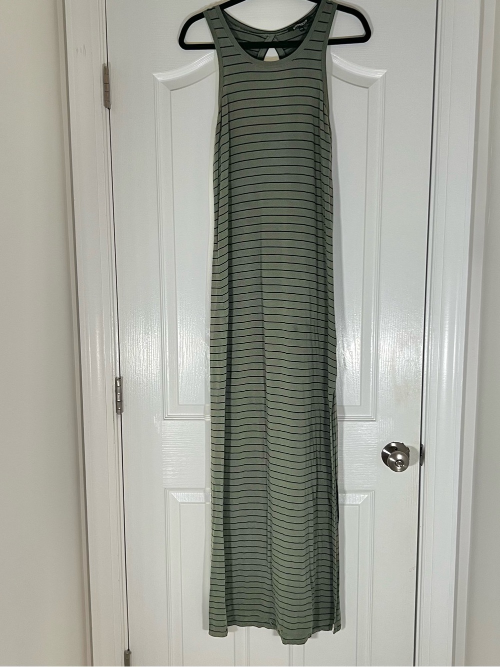 Express Womens Small Green Black Striped Racerback Maxi Dress Keyhole Sleeveless